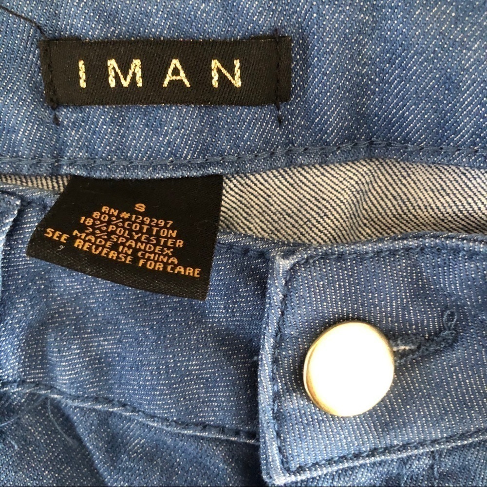 IMAN Denim Pants Three Pocket Pant Gold Logo Studs and Button Size S - Picture 9 of 11
